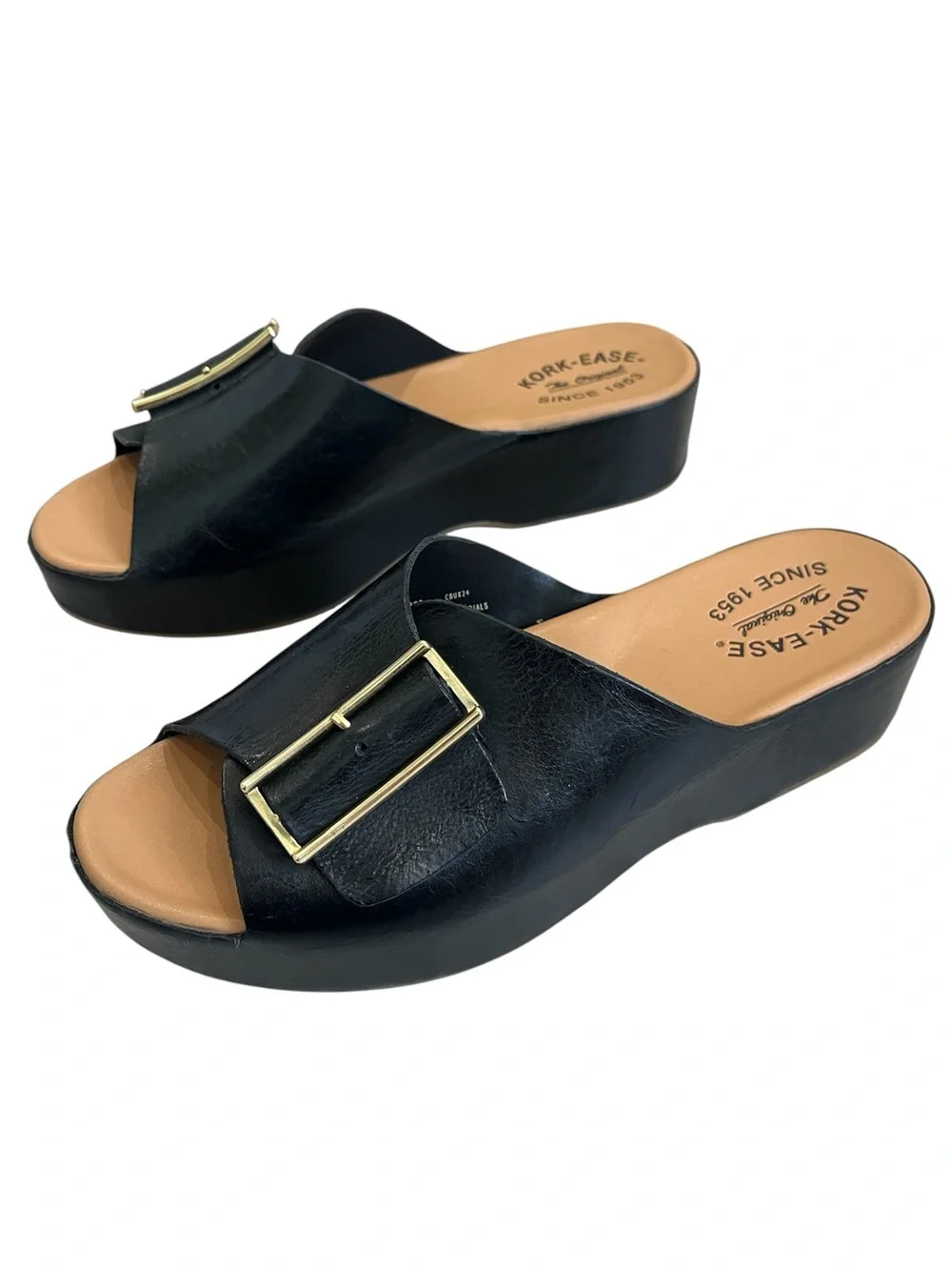 Kork-Ease York Black Leather Platform Slide Sandals 9 New NWOB Comfort Quiet Lux